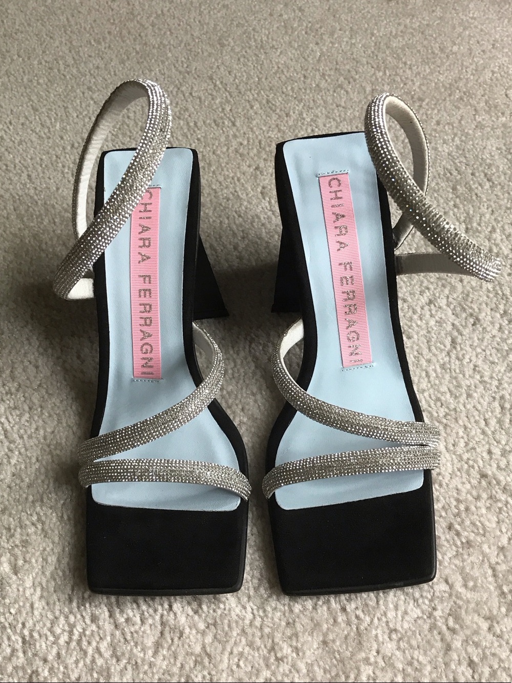 Chiara Ferragni Black Block Heel Sandals with Silver Crystal Straps